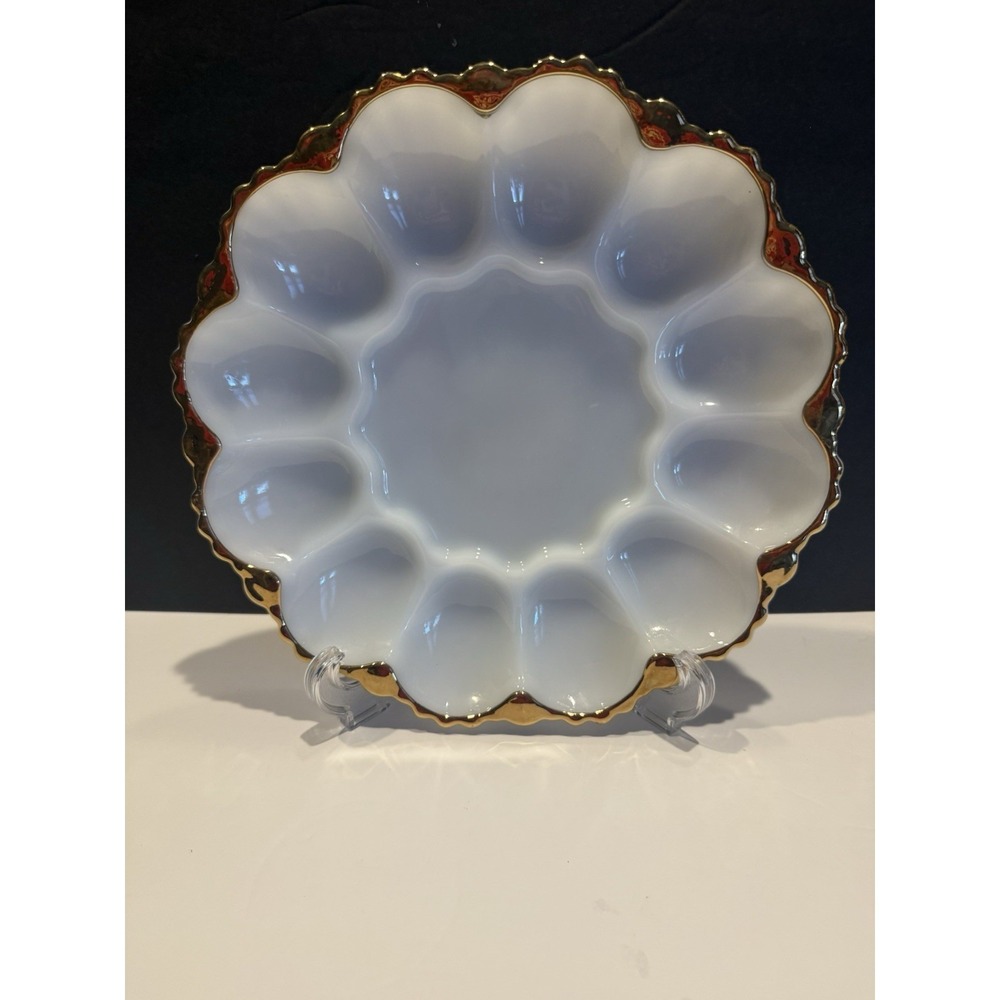 Vintage White Milk Glass Deviled Egg Plate Gold Trim 12 Egg Serving Tray